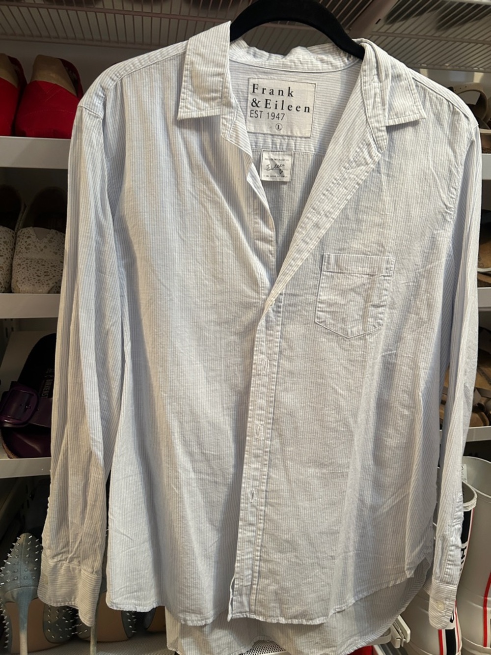 Frank & Eileen Women’s Light Blue and White Fine-Stripe Button Down Shirt